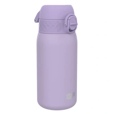 Abbildung von Ion8 Kinder Trinkflasche, Edelstahl 400ml, Auslaufsicher, Einhandöffnung, Sichere Verriegelung, Spülmaschinenfest, Klappdeckel, Tragegriff, Leicht zu Reinigen, Langlebig &amp; Kratzfest, Helles Lila