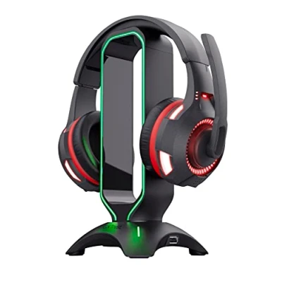Abbildung von Trust Gaming GXT 265 Cintar RGB Headset Halterung, Kopfhörer Ständer, 2 USB Anschlüsse, Passend für Alle Headsets, Halter mit LED beleuchtete Ränder Schwarz