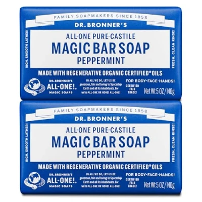 Abbildung von Dr. Bronner&#039;s Bio Pfefferminz Riegelseife, rein, 2er Pack (2 x 140 g)