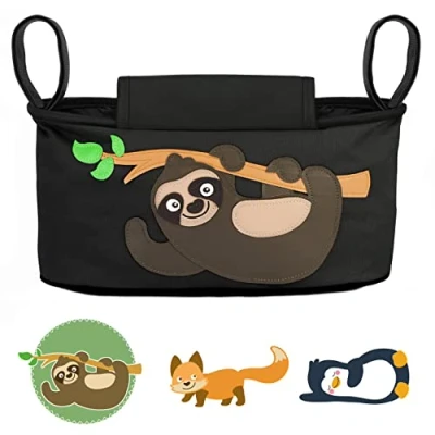 Abbildung von GLÜCKSWOLKE Kinderwagen Organizer 12 Motive I Kinderwagentasche verschließbar Kinder Buggy Tasche mit Feuchttuchspender Baby Stroller Bag Black Aufbewahrungstasche (Fannie Faultier schwarz)