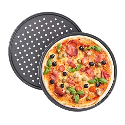 Abbildung von Relaxdays Pizzablech, 2er Set, rund, gelocht, antihaft, Pizza &amp; Flammkuchen, Carbonstahl, Knusperblech, ∅ 32 cm, grau, Anthrazit