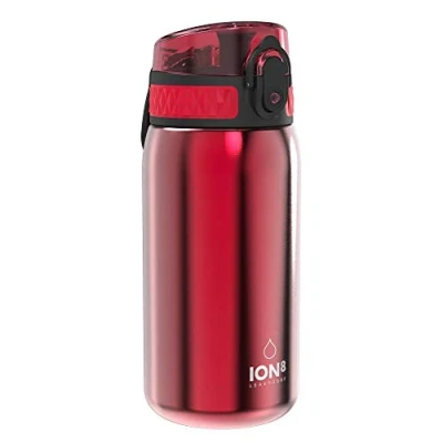 Abbildung von Ion8 Kinder Trinkflasche, Edelstahl 400ml, Auslaufsicher, Einhandöffnung, Sichere Verriegelung, Spülmaschinenfest, Klappdeckel, Tragegriff, Leicht zu Reinigen, Langlebig &amp; Kratzfest, Rot