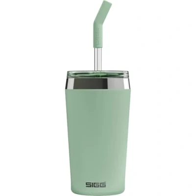 Abbildung von SIGG Helia Kaffeebecher to go (0.45 L), doppelwandig isolierter Thermobecher mit Glas Strohhalm, auslaufsicherer Tumbler aus Edelstahl für heisse &amp; kalte Getränke, Milky Green