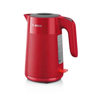 Abbildung von Bosch kabelloser Wasserkocher MyMoment TWK2M164, Abschaltautomatik, Überhitzungsschutz, Tassenanzeige, entnehmbarer Kalkfilter, Trockengehschutz, Dampfstopp Automatik, 1,7 L, 2400 W, Rot matt