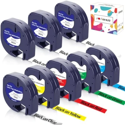 Abbildung von 8 x Hehua Kompatible für Dymo Letratag Etikettenband 12mm 4m 16951 91221 91225 XR LT100H LT110T LT100T QX50 XM 2000 Plus
