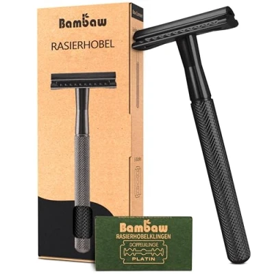 Abbildung von Bambaw Rasierhobel Herren und Damen mit 5 Rasierklingen Metall Hobel Rasierer Ohne Plastik Eco Zero Waste Safety Razor Schwarz