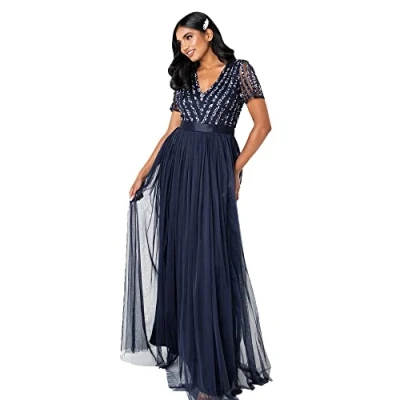 Abbildung von Maya Deluxe Damen Women&#039;s Maxi Ladies Vneck Plus Size Ball Gown Short Sleeves Long Bridesmaid Dress, Navy, 46 EU