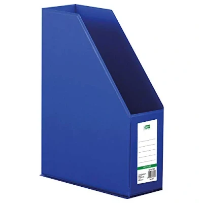 Abbildung von D.RECT Kunststoff Organizer, Zeitschriftenhalter, Stehsammler mit Sichtfenster zum Beschriften PVC A4 90mm, zusammenlegbar, Blau 110206