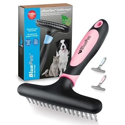 Abbildung von BluePet GlanzTanz Fellentwirrer Entfilzer für Langhaar Hunde und Katzen Hochwertiger Hundestriegel mit zwei Reihen Pins Löst Knoten &amp; Verfilzungen Glättet Entwirrt das Deckhaar (Rosa)