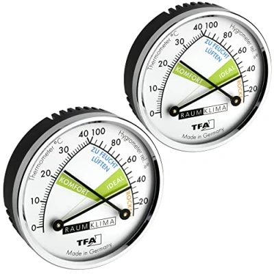 Abbildung von TFA Dostmann Thermo Analoges Thermometer Hygrometer mit Metallring, Luftfeuchtigkeitsmessgerät, Mehrfarbig, L 71 x B 23 H mm, 2er Set