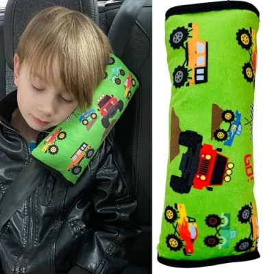 Abbildung von HECKBO Auto Schlafkissen für Kinder Mädchen Jungen Monster Truck maschinenwaschbar kuschelweich Gurtkissen, Gurtschoner, Gurtschutz Sitzerhöhung, Kissen, Reisekissen, Urlaub