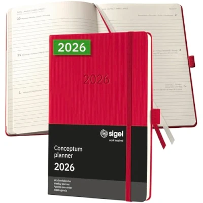 Abbildung von SIGEL C2664 Wochenplaner Wochenkalender 2026, ca. A5, rot, Hardcover, 192 Seiten, Gummiband, Stiftschlaufe, Archivtasche, aus nachhaltigem Papier, Kalenderbuch Conceptum