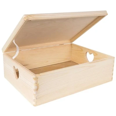 Abbildung von Creative Deco Holzkiste mit Deckel 40x30x14 cm (+/ 1cm) Erinnerungsbox Baby Groß Holzbox Unlackiert Kasten Herzförmigen Griffen Ostern Geschenke Kinder Dokumente Spielzeug ROH UNGESCHLIFFEN