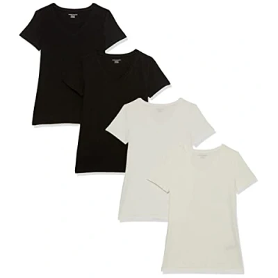Abbildung von Amazon Essentials Damen T Shirt Regular Fit mit kurzen Ärmeln und V Ausschnitt, 4er Pack, Schwarz/Weiß, L