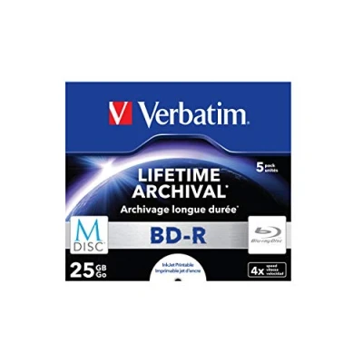 Abbildung von Verbatim MDISC BD R Blu ray Rohlinge, 25 GB, Disc mit 4 facher Schreibgeschwindigkeit, 5er Pack Jewel Case, großflächig bedruckbar, Disks für Video und Audiodateien