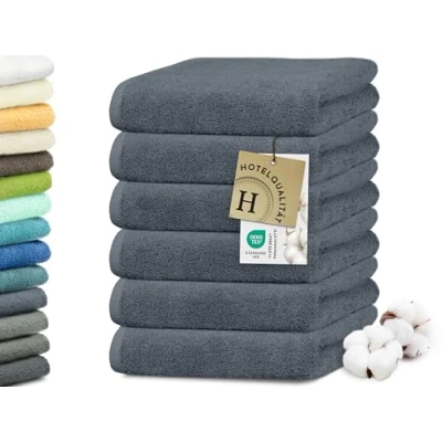 Abbildung von ZOLLNER 6er Set Handtücher in 50x100 cm besonders weiche und saugstarke Gästehandtücher grau mit praktischem Aufhänger waschbar bis 95C Baumwolle Hotelqualität