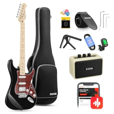 Abbildung von Donner E Gitarren Set, 39 Zoll Gitarre HSS Pickup Coil Split, DST 152B Electric Guitar mit Verstärker, Tasche, Kapodaster, Gurt, Saiten, Stimmgerät, Kabel, Plektren, Schwarz