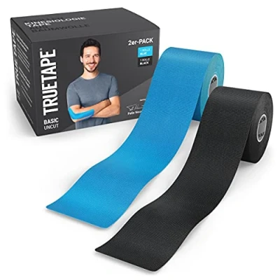 Abbildung von TRUETAPE® Kinesiotape BASIC Uncut Duo 2x Rollen (5 m x 5 cm) ungeschnitten Wasserfestes &amp; Elastisches Kinesiologie Tape Physiotape mit starker Klebekraft für Alltag Sport Blau Schwarz