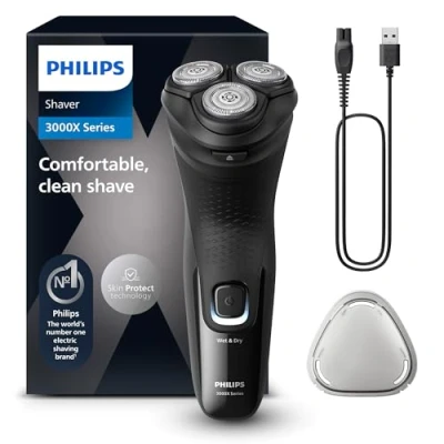 Abbildung von Philips Shaver Series 3000X Elektrischer Nass und Trockenrasierer für Männer in Schwarz, mit SkinProtect Technologie, ausklappbarem Bartschneider (Modell X3001/00)