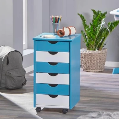 Abbildung von Inter Link Rollcontainer mit 6 Schubladen Bürocontainer Rollschrank Rollwagen Schubladenkommode Massiv Kieferholz Petrol/Weiß BxTxH: 35x39x66 cm