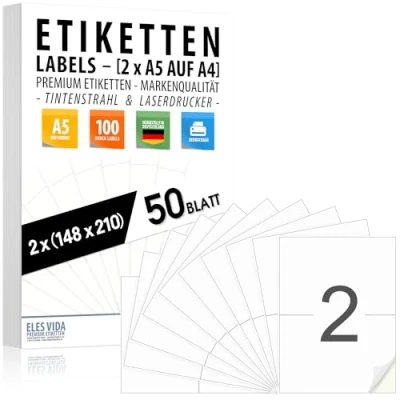 Abbildung von 50 Blatt Selbstklebende DIN A5 Etiketten auf A4 (100 Labels) (2 pro Bogen) 210 x 148 mm, bedruckbar, matte weiße Oberfläche, Für Inkjet und Laserdrucker, viele Bereiche MADE IN GERMANY