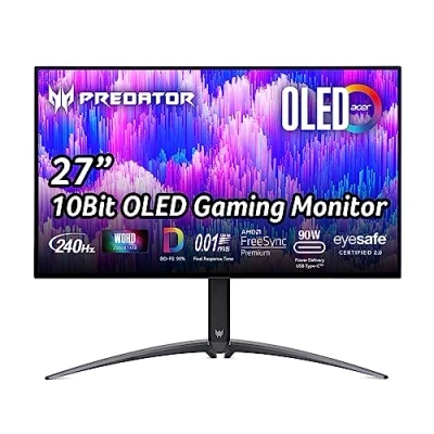 Abbildung von Acer Predator X27U Gaming Monitor 27 Zoll (69 cm Bildschirm) WQHD, 240Hz DP/Type C, 144Hz HDMI, 0.03ms (GTG), 2xHDMI 2.0, DP 1.4, höhenverstellbar, drehbar, FreeSync Premium, Schwarz