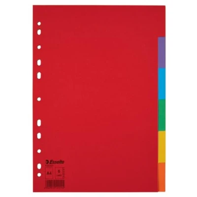 Abbildung von Esselte Register für A4, 20er Pack, 6 Trennblätter mit Taben, Rot/Mehrfarbig, Recyclingkarton, 100200