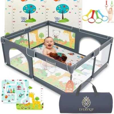Abbildung von EveryKip® Laufstall Baby 120x120cm, Laufgitter mit atmungsaktivem Netz, Reißverschlusstür, Kinder laufgitter, Kleines Dunkelgrau