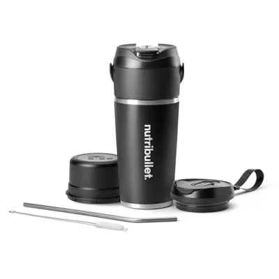 Abbildung von nutribullet Flip, Tragbarer Mixer mit Thermobecher (590 ml), Hält Getränke 24 Stunden Lang Kalt, Eiscrusher, Inklusive Deckel und Strohhalm, USB C Ladefunktion, Edelstahl, Schwarz, NBP016B