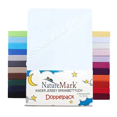 Abbildung von NatureMark 2er Set Kinder Spannbettlaken Jersey, Spannbetttuch 100% Baumwolle, für Babybett und Kinderbett 70x140 cm Weiß