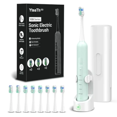 Abbildung von Elektrische Zahnbürste, Schallzahnbürste für Erwachsene und Kinder, Electric Toothbrush mit 5 Putzmodi 3 Intensitätsstufen Integrierter Timer 8 Zahnbürstenköpfen, Reiseetui, Hellgrün
