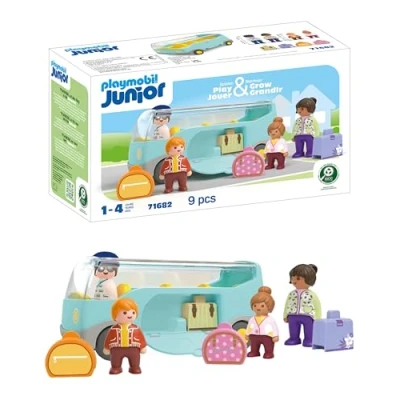 Abbildung von PLAYMOBIL JUNIOR Reisebus nachhaltiges Spielzeug für Kinder ab 1 Jahr inkl. Gepäckstücke und Vier Figuren 71682