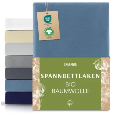 Abbildung von Dreamzie Premium Spannbettlaken 180x200cm bis 200x200cm Blau, Spannbetttuch aus 100% Jersey Biobaumwolle, 150 g/m² Oeko TEX