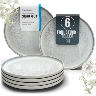Abbildung von Steingut Frühstücksteller 6 Pers. Ibiza Hochwertiges Mediterranes TEST SEHR GUT Dessertteller Set Kuchenteller spülmaschinen und kratzfest Kleine Teller, Salatteller Pure Living in Beige