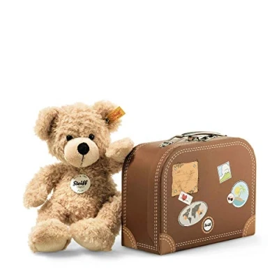 Abbildung von Steiff Kuscheltier Fynn Teddybär im Koffer, Süßes Stofftier mit Kunststoffaugen, Kinder, Jungen &amp; Mädchen, Soft Cuddly Friends, Plüschtier 28 cm, Beige, 111471