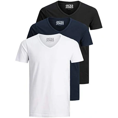 Abbildung von Jack and Jones Herren T Shirt Basic V Ausschnitt 3er Pack Einfarbig Slim Fit in Weiß Schwarz Blau Grau
