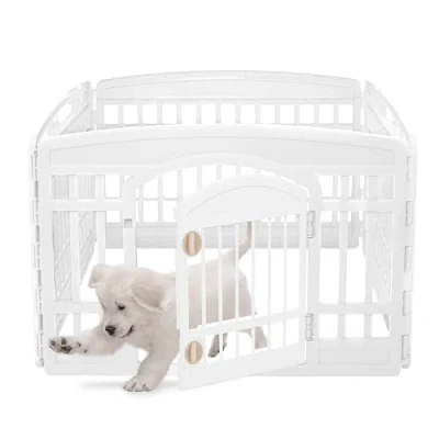Abbildung von Iris Ohyama Welpenauslauf mit 4 Paneelen und abschließbarer Tür, H60cm, Weiß, Katzengehege, Hundebox, Für Outdoor, Indoor, Welpenlaufstall, Hundezaun, Welpenzaun, Laufstall Hund, CI 604E WD