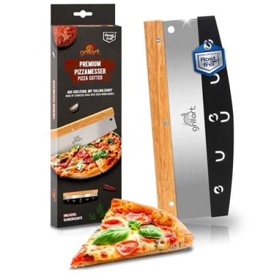 Abbildung von grillart® Premium Pizzamesser Extra scharfer Edelstahl Pizzaschneider mit 32 cm Klinge und Holzgriff für müheloses präzises Schneiden hochwertiges Wiegemesser effizienter als Pizzaroller