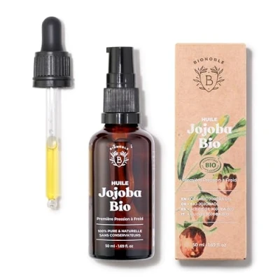 Abbildung von Bionoble Jojobaöl Bio 50ml 100% Rein, Natürlich und Kaltgepresst Gesicht, Körper, Haare, Bart, Nägel Vegan Cruelty Free Jojoba Oil Glasflasche + Pipette Pumpe