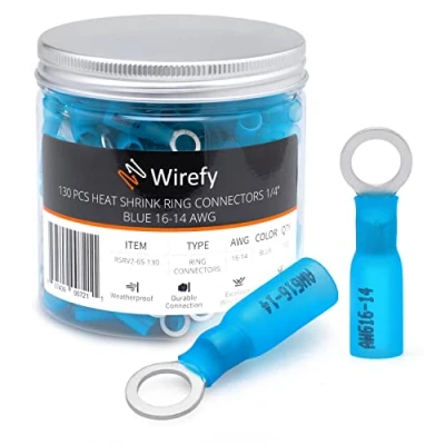 Abbildung von Wirefy Blaue Ringkabelschuhe Schrumpfverbinder M6 Lötfreie Kabelschuhe Sortiment Ringkabelschuh Quetschverbinder 1,5 2,5 mm² 130 Stück