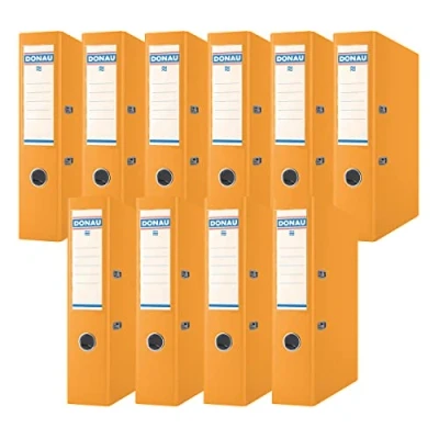 Abbildung von DONAU Premium Ordner Breit 10er Pack/DIN A4 / 7,5 cm 10 Stück/Orange/Kunststoffbezug PP/Carton Papier Schlitzordner Büroordner Aktenordner Ringordner/Grünen Punkt