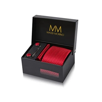 Abbildung von Massi Morino Krawatte Rot Kariert mit Einstecktuch Set Herren inkl. Manschettenknöpfe, Krawattennadel und Geschenkbox Männer Krawattenset