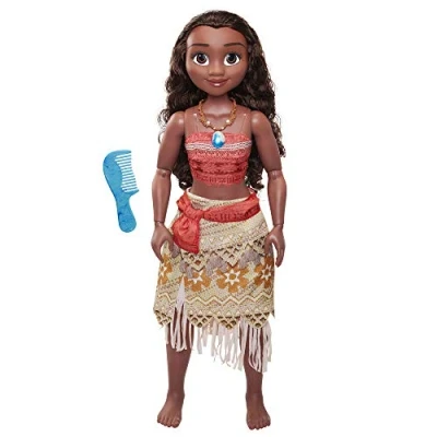 Abbildung von Disney Princess Vaiana, 80 cm große Spielpuppe von Jakks Pacific, bewegliche Puppe, mit Bürste zum Kämmen ihrer welligen Locken, vom Film inspiriertes Kleid, abnehmbare Halskette Anhänger