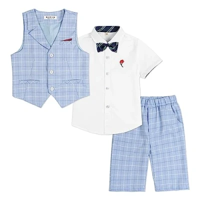 Abbildung von LOLANTA 4 teiliger Kinder Freizeit Anzug Set, Jungen Sommer Festlich Hochzeitsanzug, Kurzarm Hemd, Fliege, Weste, Kurze Hose, Blau kariert, 5 Jahre, 120