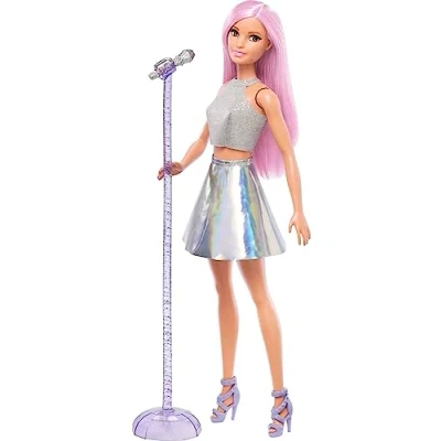 Abbildung von Barbie You Can Be Anything Series, Pop Star, rosa Haaren, silbernem Top und Rock, Mikrofon mit Ständer, inkl Puppe, Geschenk für Kinder, Spielzeug ab 3 Jahre,FXN98