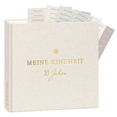 Abbildung von mintkind® &quot;Meine Kindheit&quot; Erinnerungsalbum Leinen + Sticker Set I deine ersten 10 Jahre Fotoalbum Kinder Geschenke zur Geburt Babybuch zum Eintragen Tagebuch Album Erinnerungsbuch Kind
