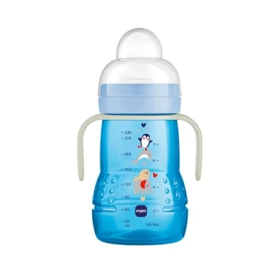 Abbildung von MAM Trainer+ Night Trinklernflasche (220 ml), Trinkbecher mit leuchtendem Griff für den Übergang zum Becher, Trinklernbecher tropffreiem Sauger und Trinkschnabel, 4+ Monate, Elefant