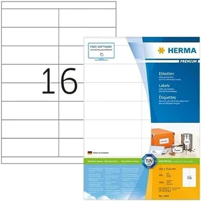 Abbildung von HERMA 4264 Adressetiketten, 100 Blatt, 105 x 33,8 mm, 16 pro A4 Bogen, 1600 Stück, selbstklebend, bedruckbar, matt, blanko Papier Adressaufkleber Etiketten, weiß