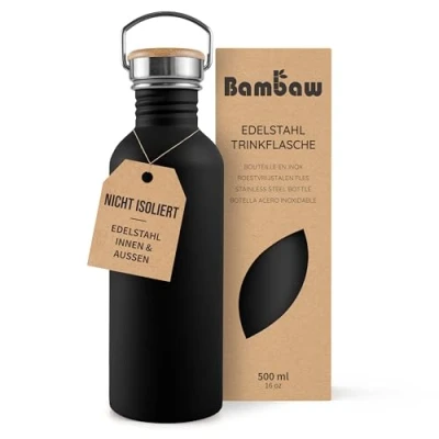 Abbildung von Bambaw Trinkflasche Edelstahl 500ml, Nicht isolierte Schwarze Flasche, Kinder Metall, Plastikfreie Flasche Tiefschwarz