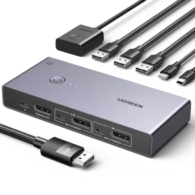 Abbildung von UGREEN Displayport KVM Switch 8K@60Hz, DP 1.4 mit 4 USB 3.0 Ports Unterstützt 8K@60Hz 4K@240Hz Share 1 Monitor Tastatur Maus U Disk Drucker, 2 Kabeln, A zu C Kabeln